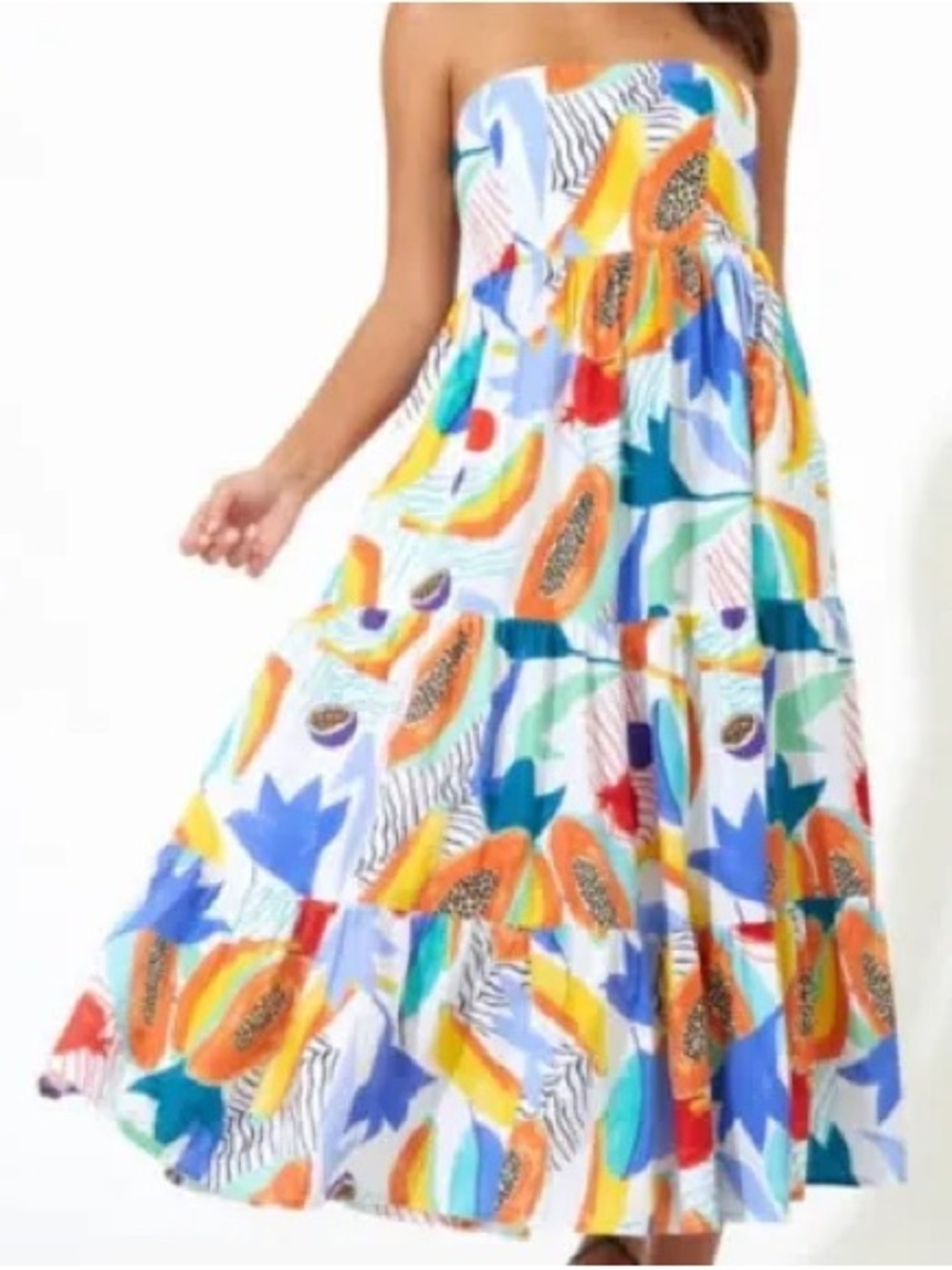 Oliphant Strapless Maxi Dress in White with Orange, Blue, Yellow & Green Print
